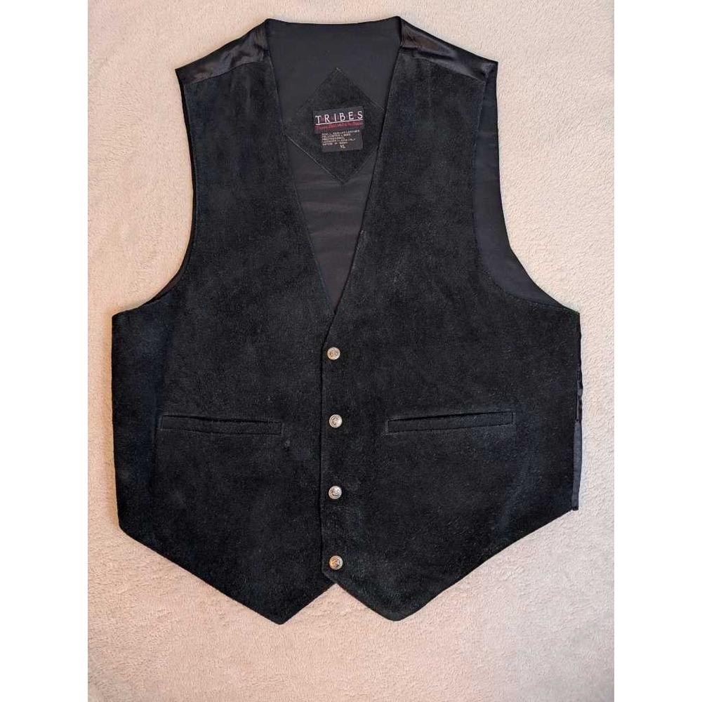 TRIBES Genuine Leather Vest Black Oklahoma Seal Buttons XL Western Cowboy‎